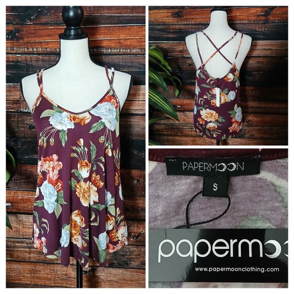 NWT Papermoon Tank Top Small Basima Cross Strap Flowy Burgundy Wine Floral Rayon - Picture 1 of 9